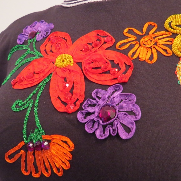 Vintage 80s Statement Knit Top | Ribbon Embroidery & Gem Accents | Retro Glam - Picture 5 of 8